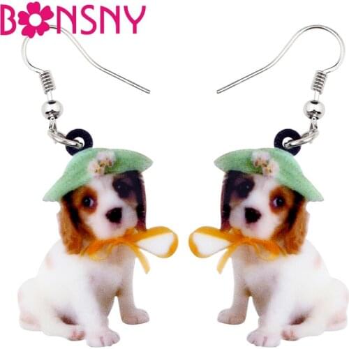 Bonsny Acrylic Elegant Hat Cavalier King Charles Spaniel Dog Earrings Big Long Dangle Drop Animal Jewelry For Women Girls Ladies