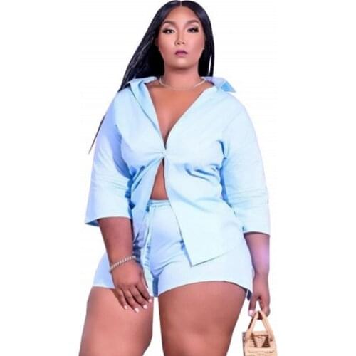 Woman Sets Summer 2 Piece Solid Color Three Quarter Sleeve Turn-down Collar Short Pants Set Women Casual Fashion Suits