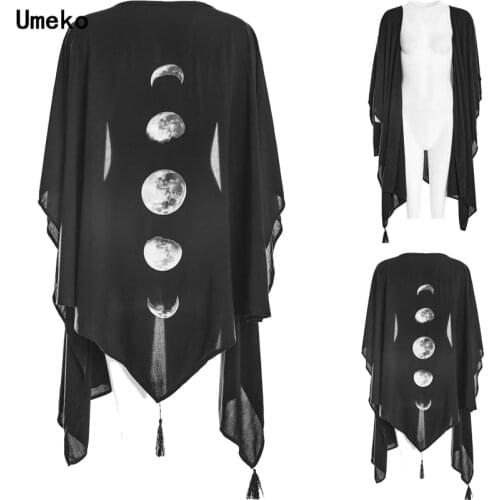 Umeko 2020 New Gothic Asymmetrical Cardigan Cape Coat Women Tassel Chiffon Cloak Black Poncho Pancho Femme Moon Printed Shawl
