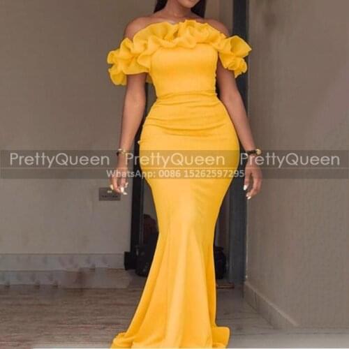 Gold Yellow Long Prom Dresses Mermaid Ruffles Boat Neck Plus Size Women Formal Prom Dress Party Gown