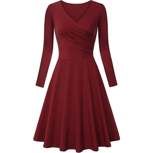 40# Solid Pleated Dress Women Swing Sexy V Neck Party Dress Long Sleeve Vintage Elegant Silm Hight Waist Warm Flowy Long Dress