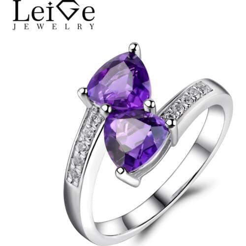 Leige Jewelry Triangle Cut Amethyst Ring 925 Sterling Silver Jewelry Two Stone Engagement Rings for Women February Birthstone