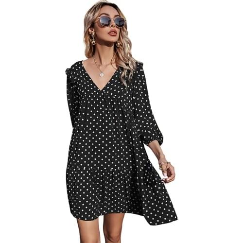 2021 Summer Women Polka Dot Printed Mini Dress High Waist V-neck Three Quarter Sleeves Slim Loose Casual Ladies Dress
