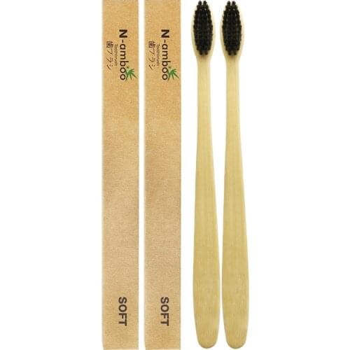 2 Pieces Black 100% Bamboo Made Toothbrush Wood toothbrush Novelty Bamboo Hard-bristle Capitellum Bamboo Fibre Wooden Handle
