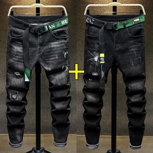Autumn Fashion Mens Slim Fit Hole Ripped Jeans Casual Denim Pencil Pants 2pcs Set Streetwear Stretchy Long Cowboy Trousers 28-36