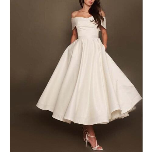 Elegant Satin And Lace Tea Length Wedding Dress A Line Sweetheart Off Shoulder Lace Up Bridal Gowns Pockets Plus Size Sleeveless