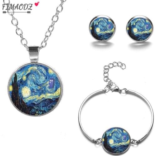 FIMAODZ Van Gogh Oil Painting Jewelry Sets Sunflower Art Picture Glass Cabochon Pendant Necklace Earrings Bracelet Women Gift
