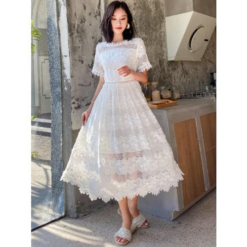 Jastie 2021 Summer Women Cotton Elegant White Dresses O-Neck Short Sleeve French Hollow Lace Flower Embroidery Dress