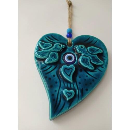 Ceramic Heart Evil Eye Pendant Turkish Nazar Handmade Amulet for Wall Hanging Talisman Boho Home Decor Protector Made in Turkey