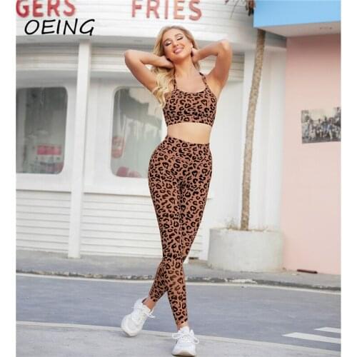 Leopard Print 2 Piece Set Womens Leggings Bodysuit Workout Clothes Crop Tops Backless Exercise Yoga Sets