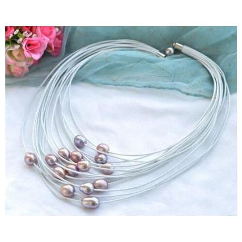 Leather Pearl Jewellery,15rows 20inches Lavender Color Rice Freshwater Pearl Leather Necklace,Perfect Women Chirstmas Gift