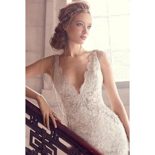 Dreaming Lace Plunging Deep V Neck backless 2018 Bridal Gown Court Train Backless Custom bridal gown mother of the bride dresses