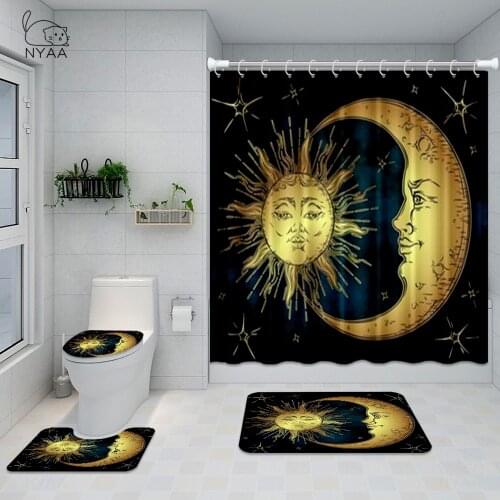 New Pattern Shower Curtain Sun Moon Bathroom Curtain Rugs Set Waterproof Toilet Seat Cover Doormat for Home Bath Decor