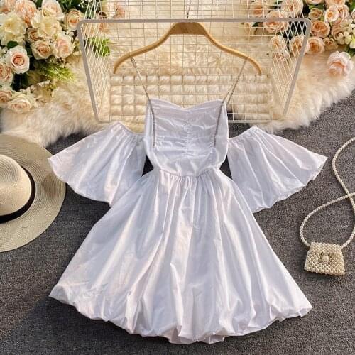 FMFSSOM 2021 New Summer Women Sexy Spaghetti Strap Strapless Ruffled Mini Dress Casual Loose A-line Dress Beach Fairy Dress