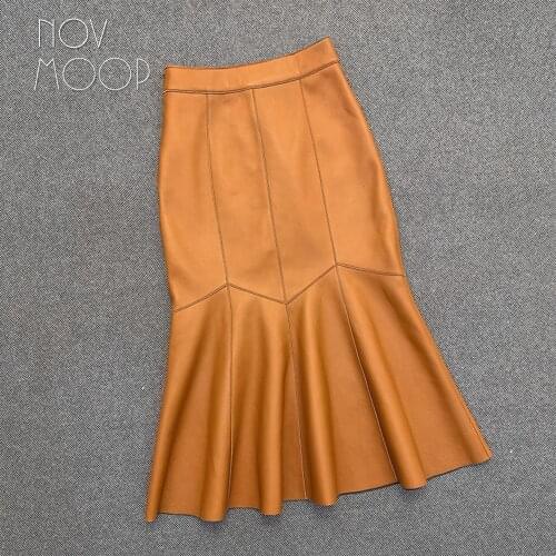 Novmoop mermaid mid-calf genuine leather women skirt American sweet style LT3315