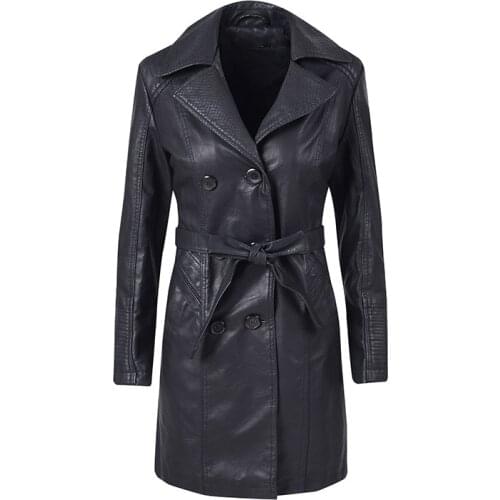 New Pocket Double Buckle Long Sleeve Slim Waist Belts PU Leather Jacket Clothing Autumn Winter Coat