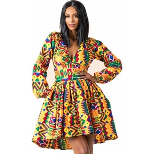 Autumn Beach Party Womens Print Lantern Long Sleeve V Neck Backless Tunic Sexy Dress Ankara Africaine Clothes Casual Work Wear