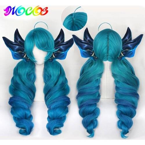 DIOCOS Game LOL Gwen Cosplay Wig Gradient Blue Wavy Ponytails Synthetic Hair for Halloween Party