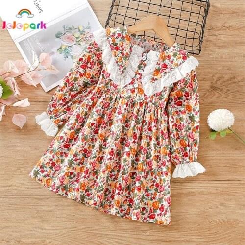 Kids Floral Dress for Girls Spring Autumn Long Sleeve Lace Collar Princess Dresses for Children Toddler Clothing