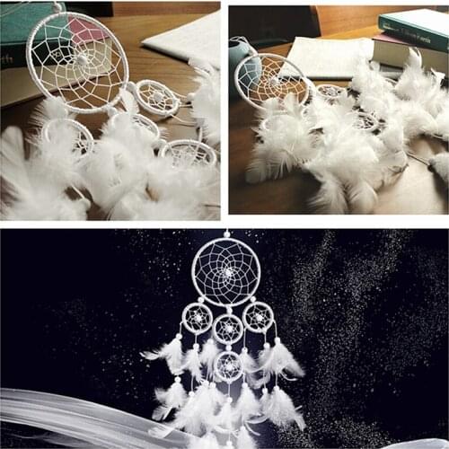 Five-ring Dream Catcher White Feathers Pendant Charms Indian Dreamcatcher Net Bedroom Window Hanging Home Garden Decoration 1pc