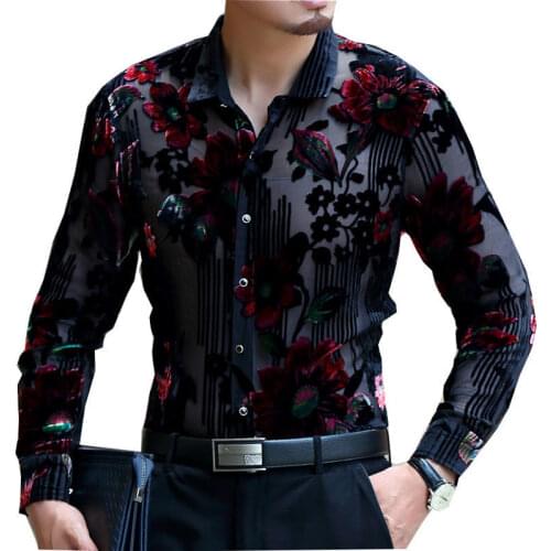 Luxury Men Transparent Shirt Club Party Prom Sexy Male Shirt Frolal Print Wedding Marriage Chemise Homme 4xl Lace Shirt