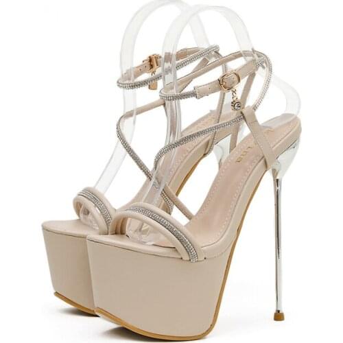 17cm High Heel Sandals Sexy Thin Heel Cross Strap Rhinestone Party Shoes Women Platform Gladiator Sandals Fashion Sendale Femme
