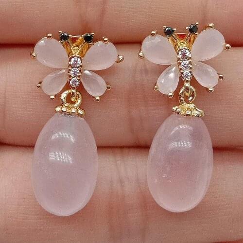 YYGEM Natural teardrop Egg Rose Quartz Pink Crystal Butterfly gold filled Stud Earrings cute style for girl women