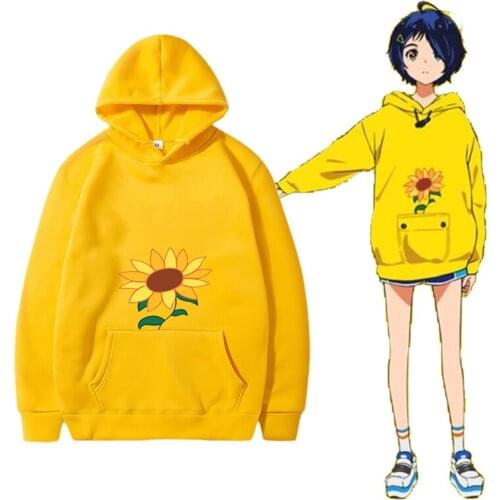 Anime Wonder Egg Priority Ohto Sun Flower Pocket Same Style Yellow Sweatshirt Women Men Harajuku Cartoon Hoodie Casual Hoody