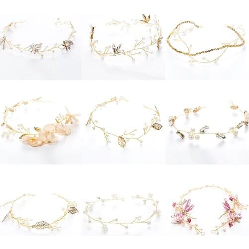 Long Hair Jewelry Headbands 16 Different Styles Alloy Leaf Pearl Crystal Handmade Women Hair Ornament Ribbon Elegant Tiara