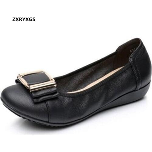 Promotion 2020 new top cowhide comfortable shoes woman genuine leather shoes metal buckle bow women shoes flat shoes large size