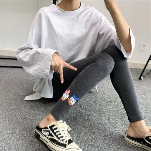 Womens Cotton Cartoon Donald Duck Printed Cropped Leggings Womens Spring High Waist Stretch Leggings Harajuku Style