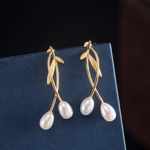 VLA 925 Sterling Silver Simple Geometric Design Willow Leaf Pearl Earrings Womens Fashion Trend Branch Earrings