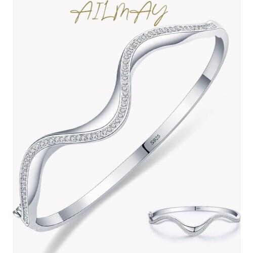 Ailmay Solid 925 Sterling Silver Irregular New Fashion Simple Wave Line Bracelets Clear Zircon Europe Wedding Engagement Jewelry