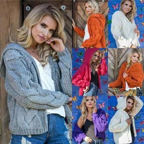 Women Twisted Hooded Cardigan Solid Color Thick Thread Knit Sweater Adults Open Front Hooded Solid Color Long Sleeve Cardigan