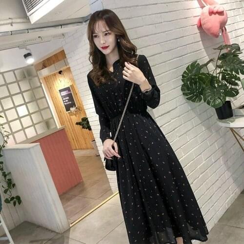 Women Chiffon Dress One-piece Long Dress Vintage Floral Print Casual Spring Autumn Shirt Long Sleeve Polka Dot Korean Style New