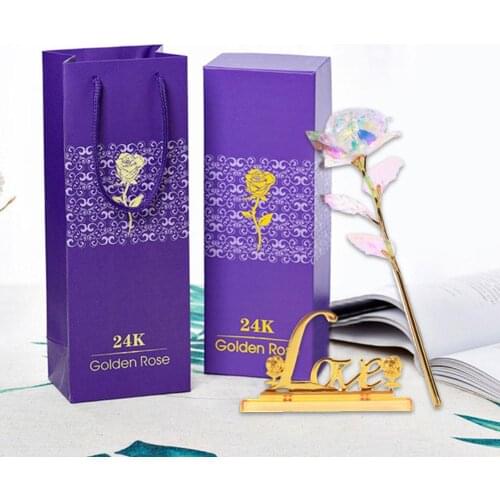 1PCS Simulation Eternity 24K Gold Foil Rose Flower Rainbow ValentineS Day Romantic Flower Wedding Gift Beautiful with Gift Box