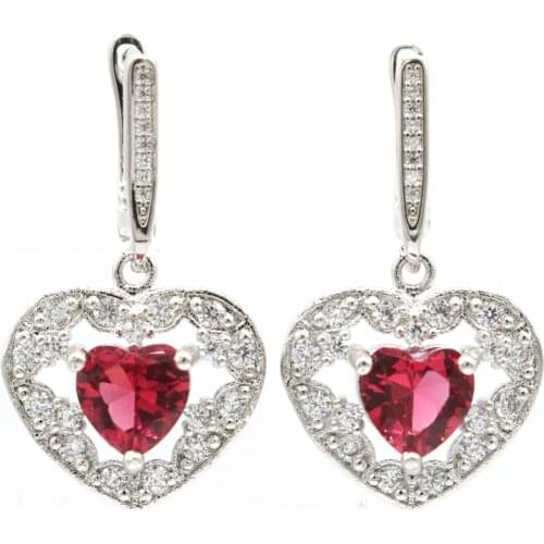 33x18mm Lovely Heart Jewelry Set Created Pink Raspberry Rhodolite Garnet White CZ Girls Daily Wear Silver Pendant Earrings