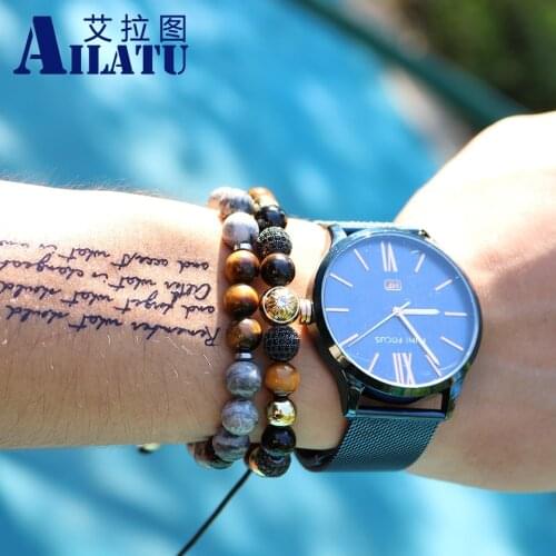 Ailatu Micro Paved Cubic Zirconia Copper Bead Bracelet 8mm Black Onyx and Tiger Eye Braiding Jewelry