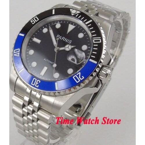 40mm SUB PARNIS mechanical auto wrist watch men waterproof dive pilot steel strap black dial luminous sapphire jewels japan 1070
