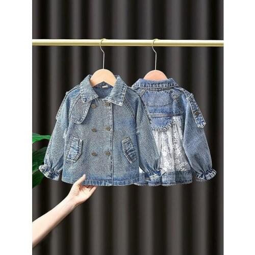 Childrens Denim Jackets for Girl Trench Jeans Embroidery Jackets Girls Kids baby Lace coat Casual outerwear Clothing