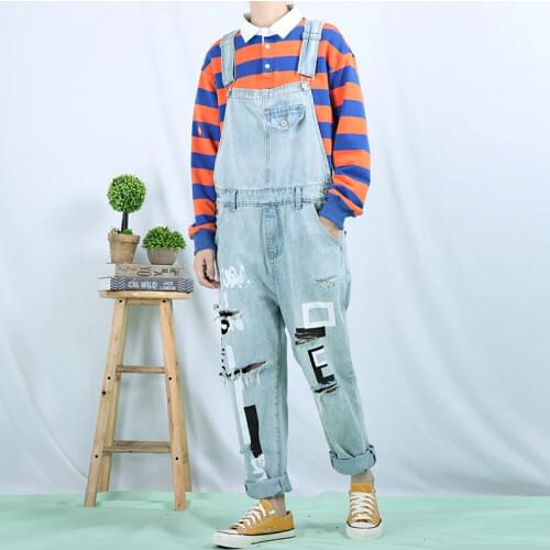Jeans Men Clothing Ripped Jeans For Men Denim Overalls Slim Printed Denim Trousers Mens Tooling Light Color Hole Suspenders
