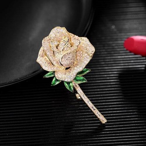 Classic Rose Flower Shape Ladies Wedding Brooch Jewelry Perfect Cubic Zircon Brooch Scarf Pin Hat Accessories