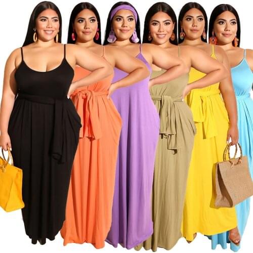 Summer Dress Casual Sexy Solid Color Belt Sling Plus Size Women Clothing 4xl Elegant Loose Maxi Dresses Wholesale Dropshipping