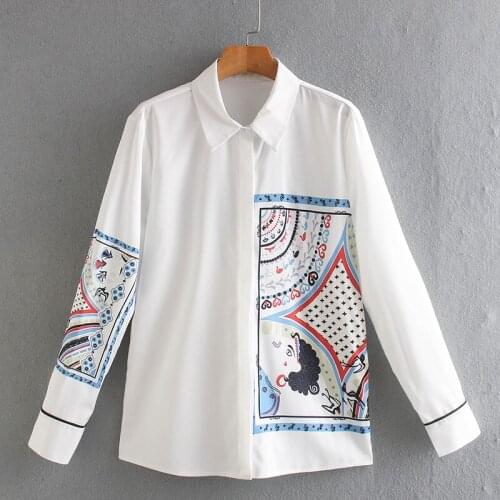 Buttoned long sleeve blouse for women wearing ladies white printed shirt baggy novelty blouse