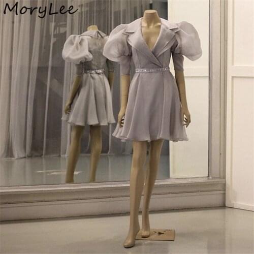 Short Evening Dresses V-Neck Short Sleeves A-Line Organza Pleated Crystal Evening Dresses vestidos de fiesta de noche