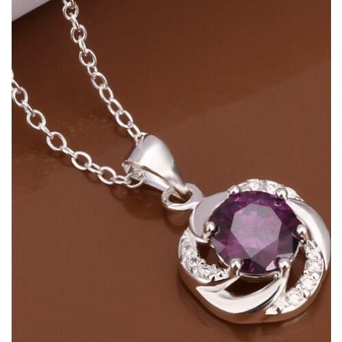 Necklace Silver Plated Necklace Silver 18 Inches Chain Pendant Necklaces Purple Crystal Jewelry Free Shipping azmn LN472