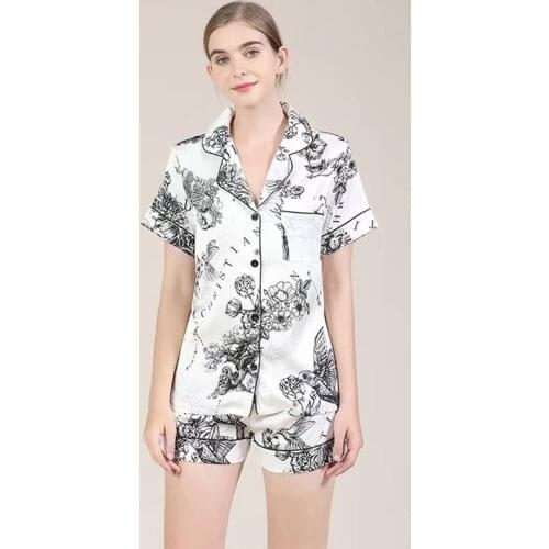 Summer Ice Silk Short-sleeved Shorts Pajamas for Women Floral Ink Printing Advanced Sense Home Clothing Satin Two Piece Set