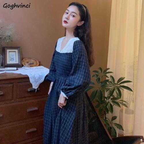 Long Sleeve Dress Womens High Waist V-neck A-line Patchwork Vintage Elegant Design Mid-Calf French Lady Daily Trendy Chic New