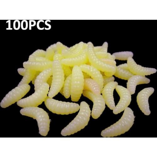 100PCs Yellow Lifelike Fishing Lure Bionic Bread Bug Maggot Grub Soft Fishing Lure Hooks Smell Worms Glow Shrimps Fish Lures