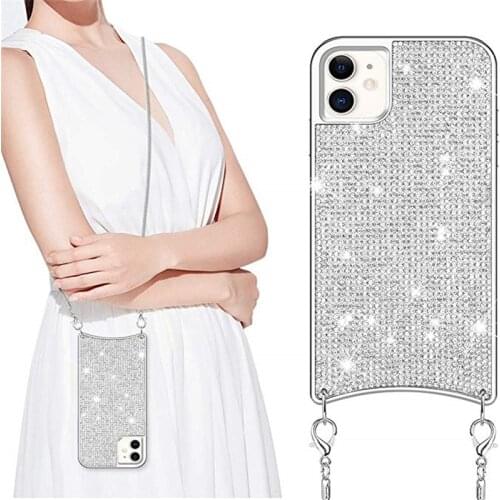 Luxury Fashion Full Bling Diamond Long Metal Chain Handbag Case Cover For Iphone 12 Mini 11 Pro XS Max XR X 8 7 6 6S Plus